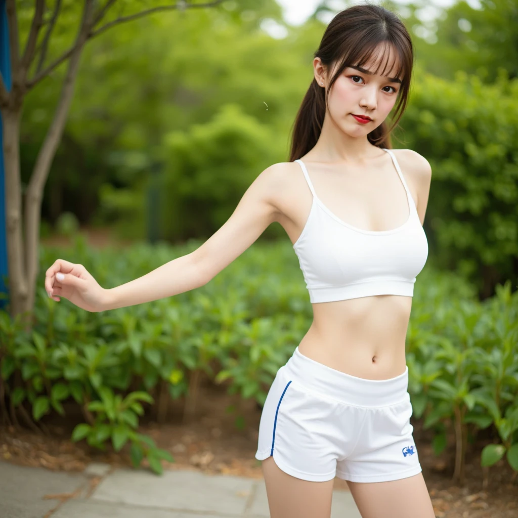 8K, Ultra-high resolution, Highest quality, masterpiece, 三分割法によるphotograph,Surreal, photograph, 1 Girl, (Age 25:1.3), pretty girl, Cute face, Beautiful eyes in every detail, 細かくdetailedに,masterpiece,, One Girl:1.2, Japan Female Announcer,Young Wife,whole body,Outdoor,street tree,Asahi,Jogging Wear,Sports Bra,Shorts,Beautiful leg line beauty,Feel-good sweat,A refreshing smile,Black Hair,Short Bob,(((Ideal body type))),A-cup small breasts :2,、Portraiture:2、Perfect Anatomy、鮮明なdetailed、detailed、Surreal、Light and shadow,Strong light