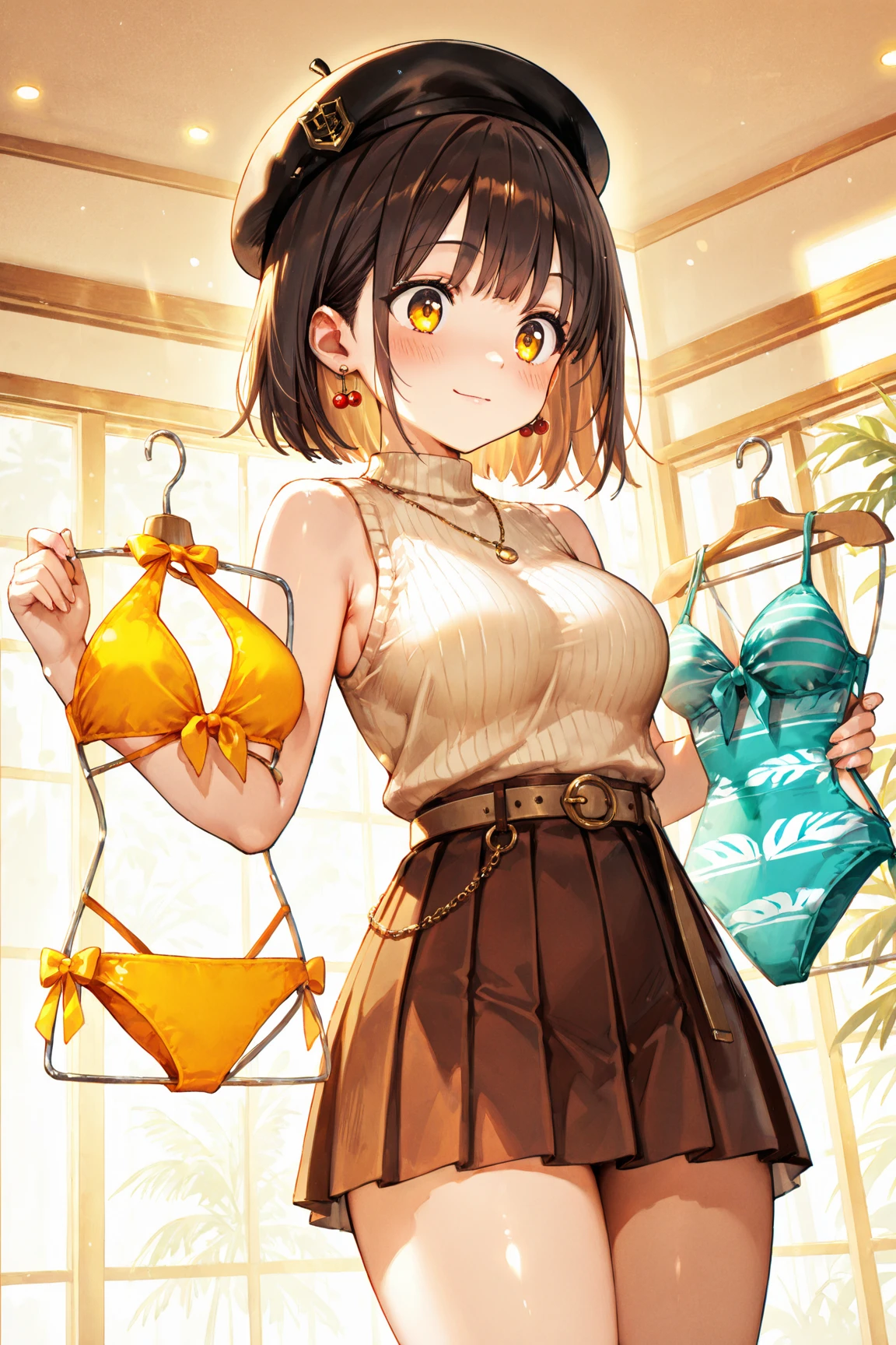 masterpiece, Highest quality, beautiful、Ultra fine、Midday、sharp、Magazine Cover 、Create a bikini swimsuit look with a cross-style top。The top is made of fabric that crosses at the chest.、Halter neck design that ties behind the neck。There is an opening in the cross section、Add some sexiness。The bottom is a short flared skirt、Shorts are hidden underneath。The swimsuit is all black、Simple and solid design without patterns。Overall, it's elegant and chic、It highlights the clean, minimalist aesthetic of swimwear., Colorful Hair, Poolside in midsummer, ,Upper Body,