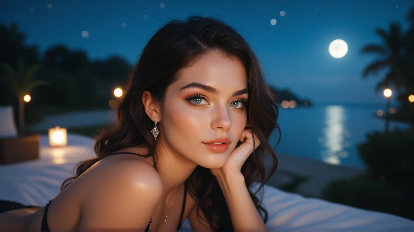 A goddess, night, full moon outstanding scene, starry night, hyper realistic skin texture, vivid,