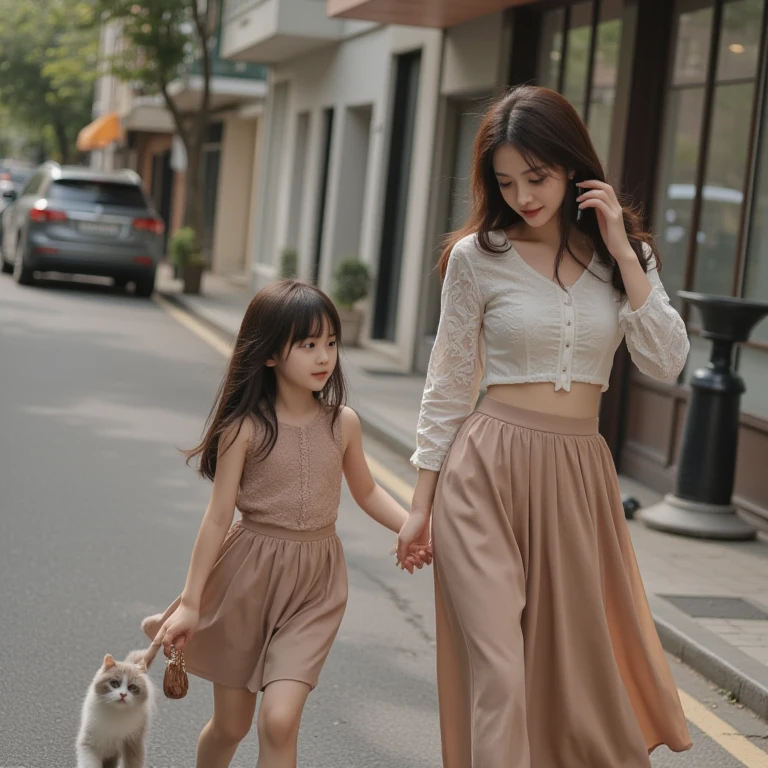 Two little girls playing with a cat, estilo graphic comic realista