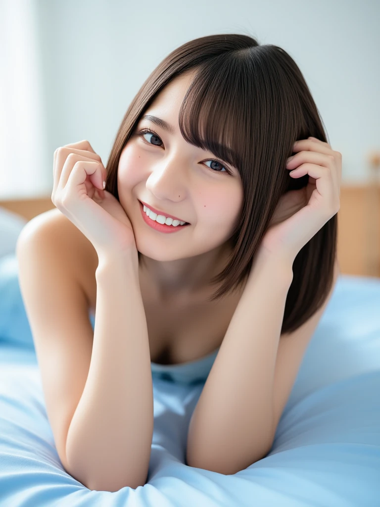 (((realistic photography))), masterpiece, (RAW Photo, cg unity, photography, ultra realistic details, sharp focus, detailed skin,4k, high-res, best quality, realistic, vibrant:1.2),(8k,4k, UHD, high resolution, professional, cinematic, movie, dramatic),(environment details:1.3),(anamorphic depth of field blur background), bautiful Japanese woman stretching her arms in the air while sitting on a bed, (wearing white pajamas, T-shrit), 25-year-old, pose(arms up), (happy, smile:1.5), sitting in bedroom, woman is curved, morning time, satisfied pose, various pose, she expressing joy, woman is sitting on bed, in the morning, summer, whtie bed sheet, (Fresh morning:1.5), (in white bright room with morning sunlight:1.5), looking away from the camera, (wide shot:1.5)
