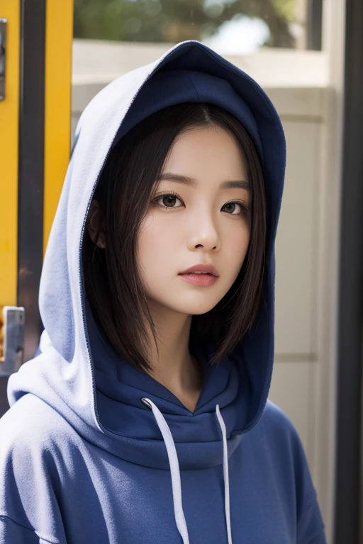 8k, best quality, masterpiece, realistic, ultra detail, photo realistic, hyper realistic, smoother lighting, increase cinematic lighting quality, realistic lighting, backlighting, brightening light, Increase quality, best quality real texture skin,
close-up, slender, cute face, smile, beautiful details eyes, 19years old korean, pretty, Drill hair with electric blue color, hoodie, nipple slip