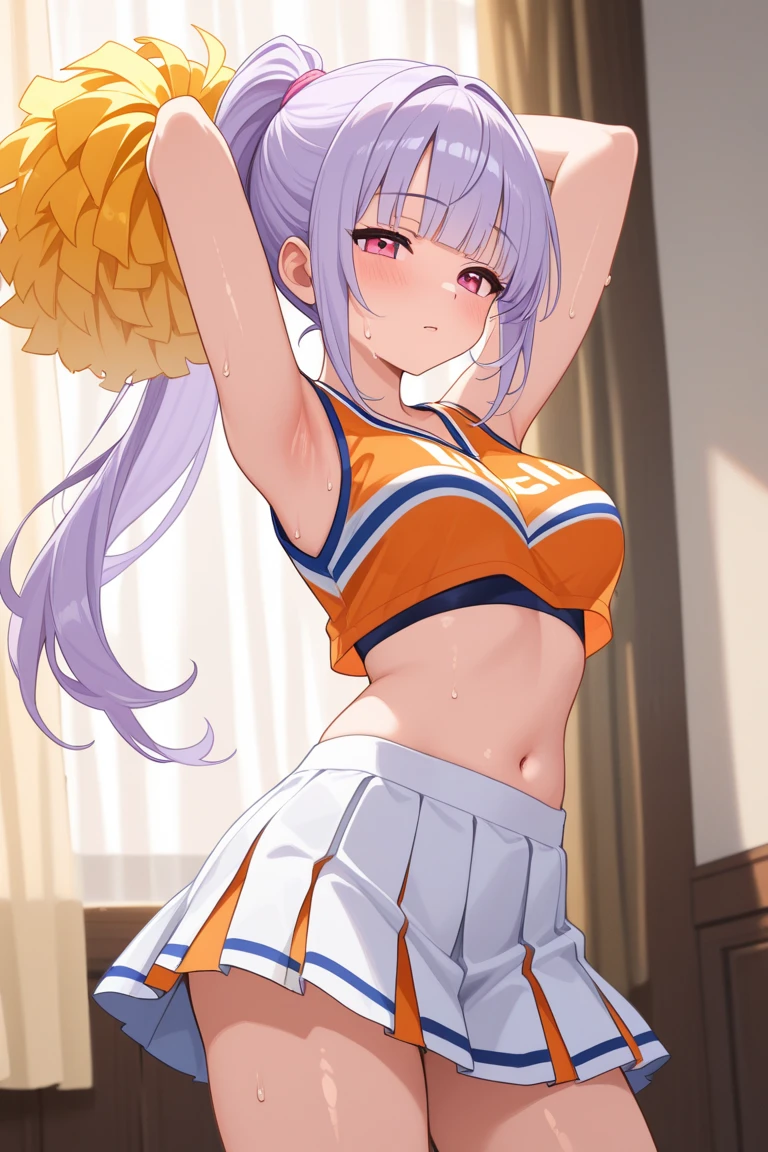 Cabello largo plateado, ojos verdes, headband, necklace, cheerleader costume, flat chest, muslos hermosos, sonrisa, happy, bedroom