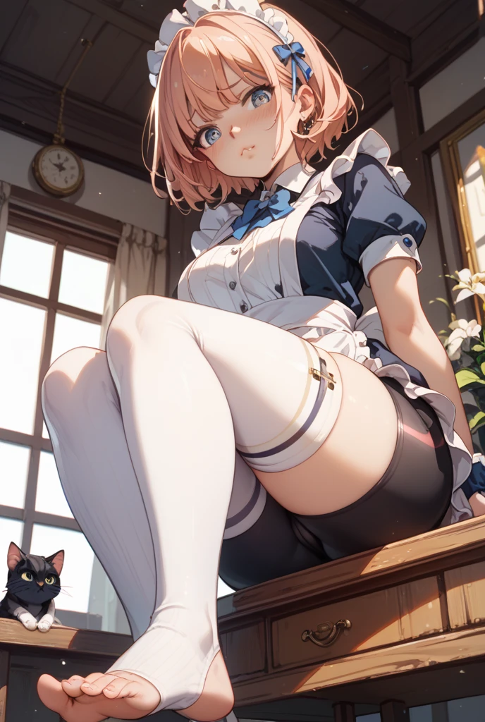 A sexy sexy ultra-realistic 23-year-old Japanese girl, Belleza Cara, piel de porcelana, smiling with short pink hair and warm blue eyes, con tetas grandes, con un sexy mini vestido ajustado sexy, calcetines hasta la rodilla, stand up, cuerpo completo, a professional movie photograph of, La mejor calidad, alta calidad, Altas Resoluciones, Altamente detallado, cinematic lighting, 8k, ultra-high-resolution, La mejor calidad, 8k, Foto RAW