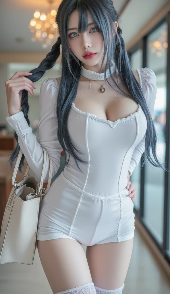 Very detailed CG, 1 girl, beautiful face, long purple hair, blue eyes, white eyelashes, red face, slightly open lips, plump flesh, full and symmetrical breasts, raised buttocks, white tight hip skirt, black and green stripes, black knee-length stockings, white high heels, tattoos, chest close-up, buttocks close-up, detailed clothing details, thighs up, graceful sitting posture, perfect proportions, full body, multiple angles, dynamic angle, terminal harem, Zhou Fang Meilai, futuristic, technology, dynamic angle, dynamic angle, Flowing, 8k, masterpiece, best quality, super detailed, best lighting, best shadows,