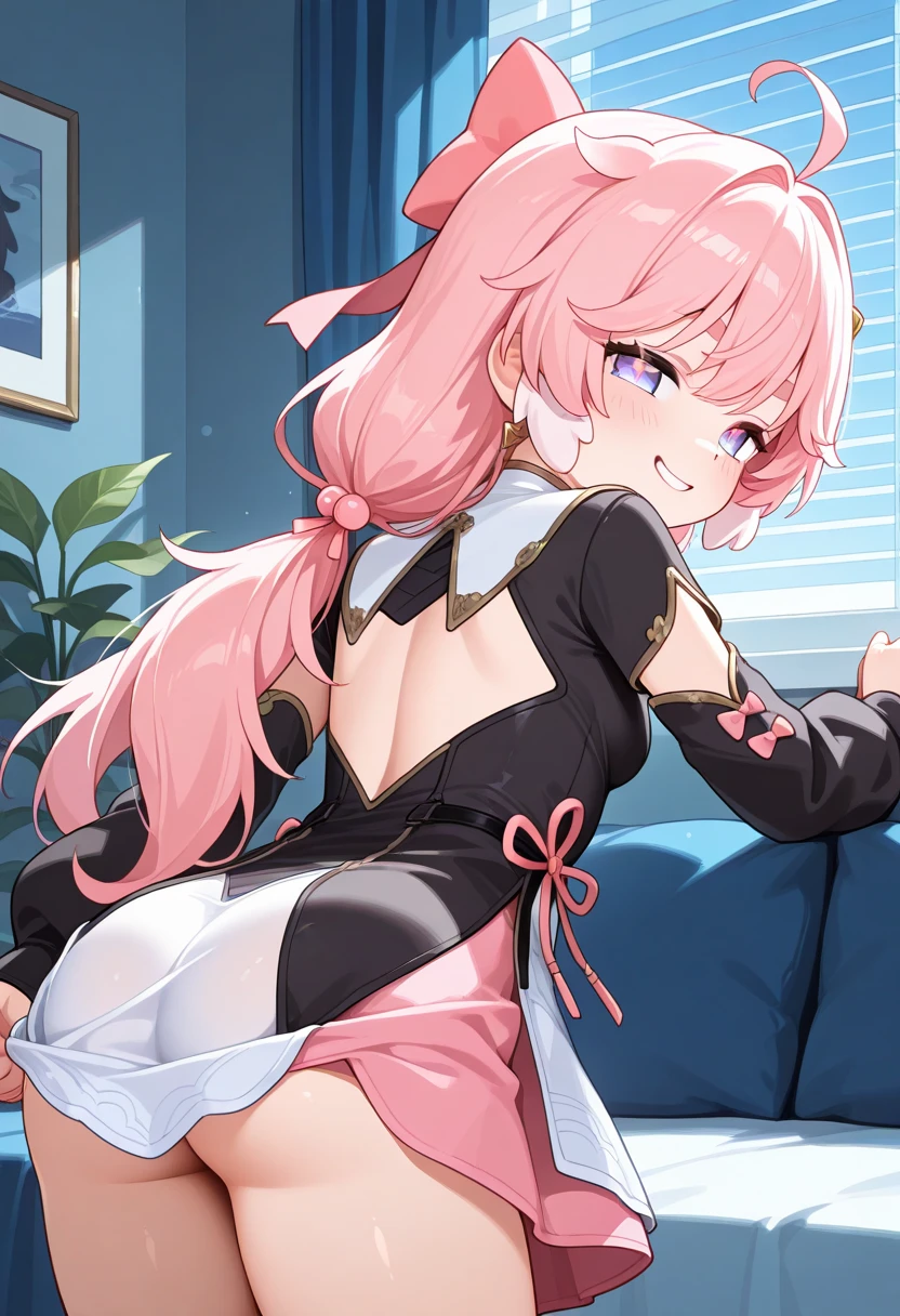 Girl with pink hair, long double-tailed hairstyle, ((small pink bushy eyebrows)), wearing lolita clothing, , lolicon (Zankuro) drawing style by zankuro artist, Zancro style, image uploaded to R34, flirty smile, take a selfie, close-up, showing one breast outside the shirt, face very close to the camera, moan and drool) happy face wavy smile , showing pubis, in restaurant