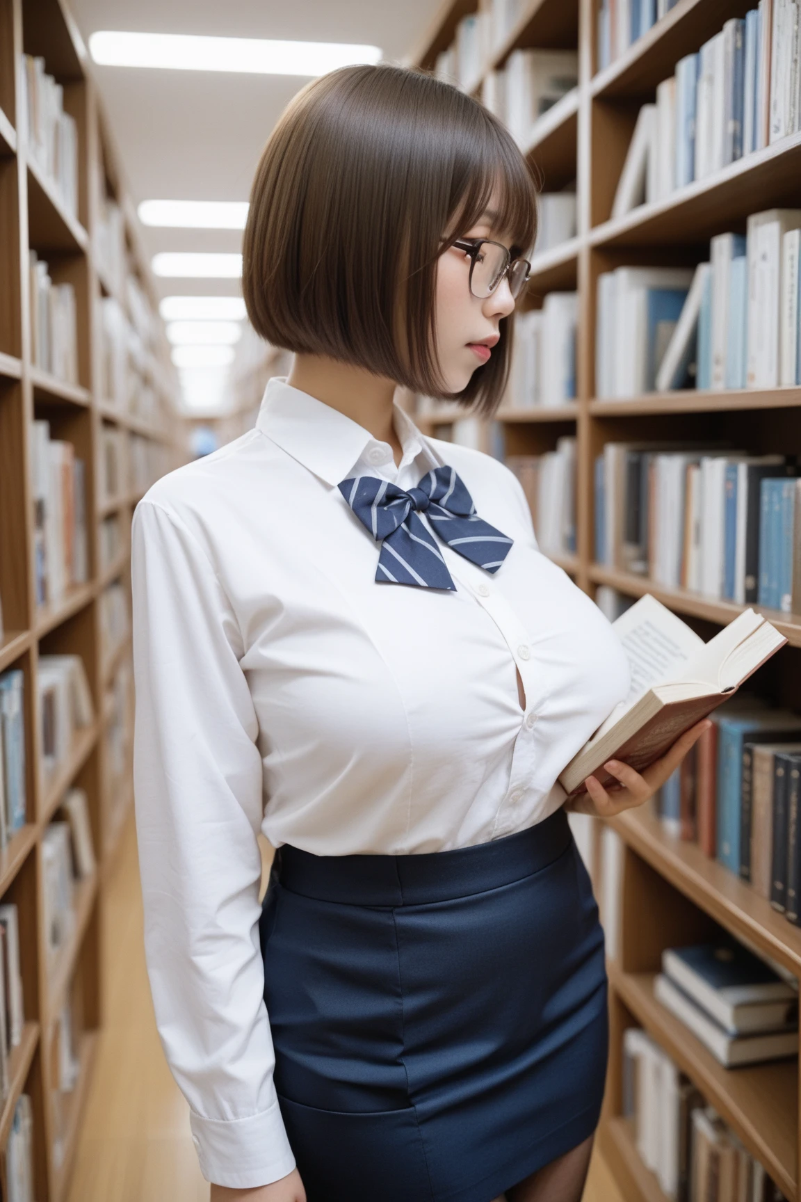 girl Bob Hair Wear glasses mini skirt Big Breasts Spread your legs library
