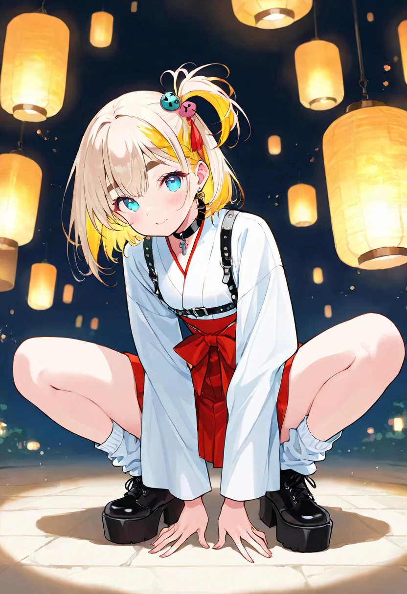 ((masutepiece)), ((best quality)), (ultra-detalhado), ((kawaii)), Cuovemente), ((sexy)), (Foi), ((extremamente detalhado)), 4k, (8k), best quality, (Beautiful), illustration, estilo anime, Pintura, Dynamic angle, corpo inteiro, Esbian de corpo inteiro, Angle looking up from below, (Japan Shrine), Sente-se no recinto, Abra as pernas, gradation, foco de corpo inteiro, Dim Sanctuary, Menina fofa s, 1girl em, sozinho, Maiden Shrine, Beautiful colored eyeeautiful eyes)), de pele branca, Penteados selecionados aleatoriamente, Glutes, Large breasts that are about to burst, Sorriso, sorriso, (corar), efeito espumante, Reflexo da lente, brilhante-cintilante, Brilhando
