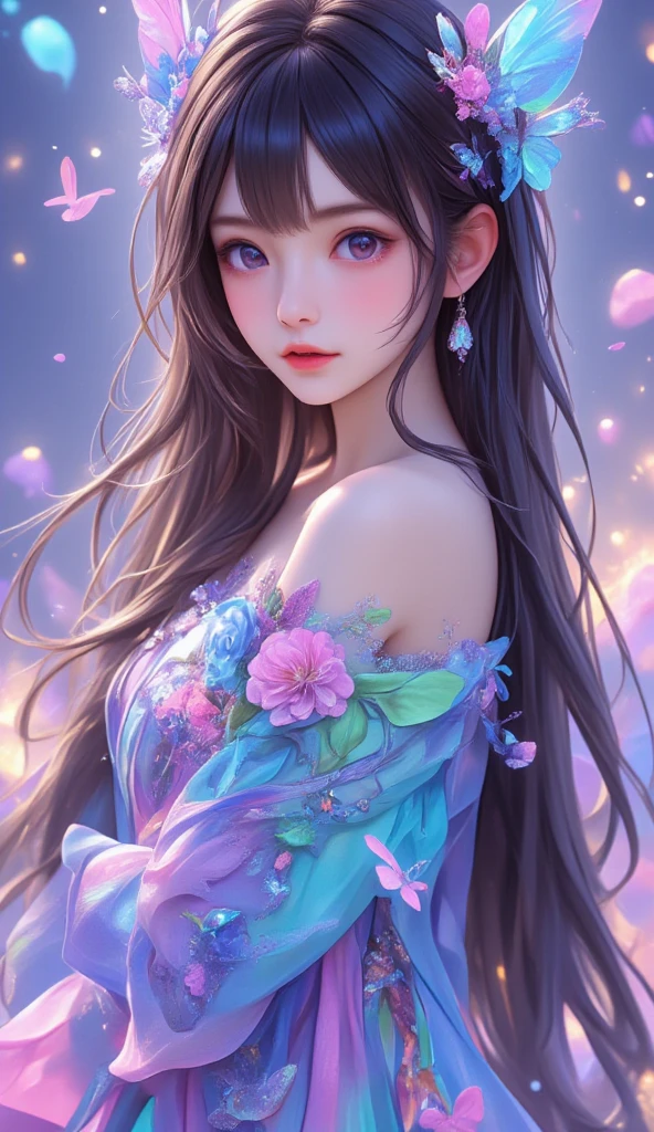 Love Beautiful Girl Story, Beautiful eye details, Absolutely cute, A captivating anime girl gracefully emerges from the pages of a watercolor painting, Her vivid and complex colors are, Bring your artwork to life, (see-through transparent clothes, Transparent costume:1.5), She dons an extraordinary fantasy costume adorned with delicate details, reflecting the enchanting world she inhabits, Luminescent elements, like glowing crystals and ethereal wisps, surround her, casting a soft, otherworldly glow, The style of watercolor painting is、Imbues the image with a sense of fluidity and delicacy, as if the colors are effortlessly blending and bleeding into one another, Camera shot: medium shot, Soft Focus, luminescent glow Lighting, watercolor brushstrokes, Sophisticated and very delicate anime illustration, unique colors, Portrait of an anime girl, infinite love, Irridescent color, beautiful girl illuminated by seven colors of light, Gentle smile,