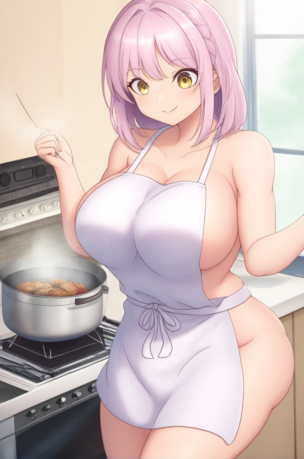 1girl, nsfw, Yuri Nakamura, short hair, green eyes, purple hair, hairband,, empty eyes, forehead, large , nipple,ng, Cooking Classes, frozen, Wet, crying, Naked, (1girlnk look, Peeing, lactation, projectile lactation