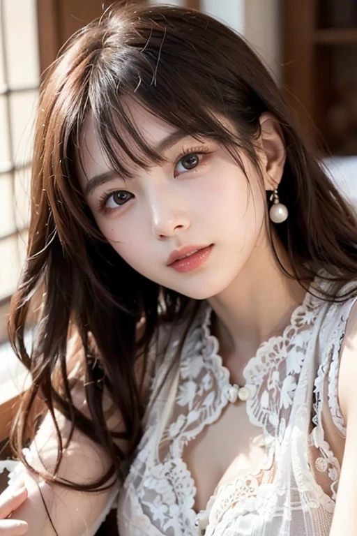 1 female, close up of face, Medium chest, light brown hair, dull bangs, hair behind the ear, shoulder hair, long hair, slender body shape, Extra-fine face, thin face, delicate lips, beautiful eyes, light blush, eyes are light brown, perfect shiny skin, perfect skin, Shining sweat,take a look here, ultra thin hands, extra thin fingers, Optimal ratio of 4 fingers and 1 thumb, (realistic:1.3), finger extension, see-through white blouse. broad-leaved forest, one person'point of view, fujifilm, f/1.2, 8K, table top, nffsw, Super detailed, high quality, 最high quality, High resolution,