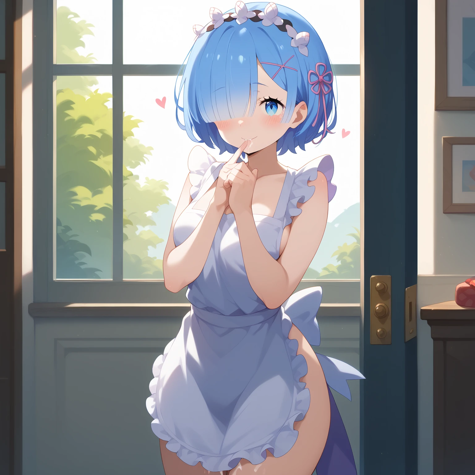 masterpiece, best quality, highres, ram1, 1girl, solo, rem \(re:zero\), blue hair, short hair, red eyes, round glasses, hair over one eye, collar, naughty expression, ribbon trim, hair ribbon, x hair ornament, frills, white crop top, short crop open jacket, see trough, nipples , wet tank top, white panties, see trough panties, cameltoe, wet pussy, tranparent panties, wet panties, pissing, cameltoe, small breasts, cleavage, sweating, cum over the body, hair flower, outdoors, sexy pose, sensual, nsfw, naughty smile, perfect background, perfect light