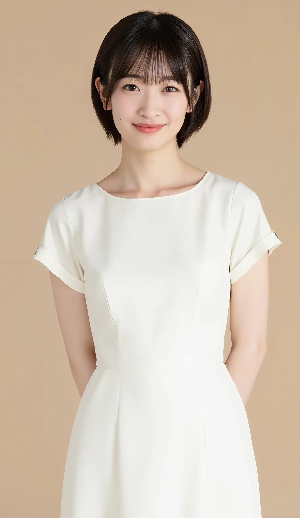 A high resolution portrait of a Japanese young woman with short hair, she is wearing a white, stylish, and elegant women office dress, cinematic lighting, full body shot, natural makeup, she has a calm expression staring at the camera with a soft small smile, she stands inside a photo studio as if she is posing for a clothing brand photoshoot with beige background, anatomically correct proportion, extremely detailed, photo-realistic, realistic, masterpiece, best quality, 8k.