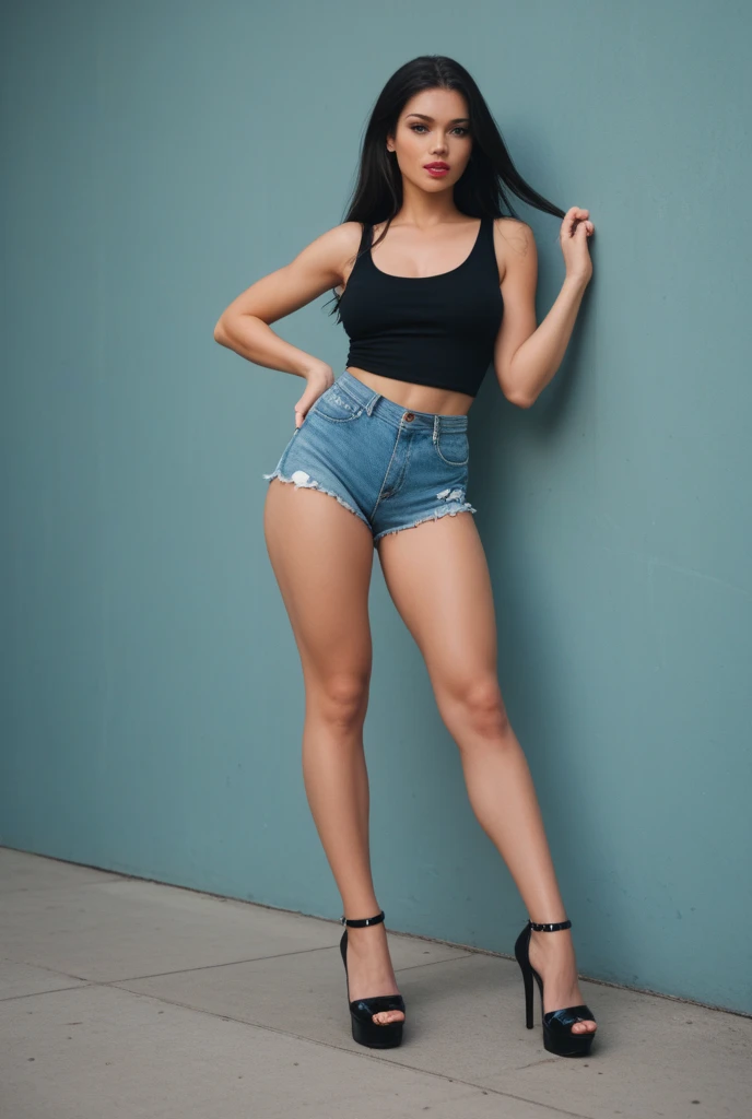Asian most beautiful girl
Denim micro shorts
Black high heels
No clothes upper
Boobs fully exposed
Thick thighs
Full body facing camera
Busty s shape body
Boobs exposed fully
Half nipple visible
Reduce the length of shorts