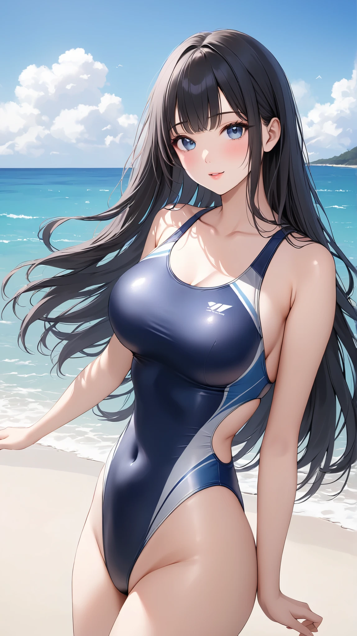 ((masterpiece,best quality,ultra detailed,high resolution)),(daytime,clear weather,bloom),((solo)),(woman),(black hair,long hair,straight hair,blunt bangs),(beautiful detailed face,beautiful detailed eyes),(finely detailed skin,fair skin),light smile,(competition swimsuit,navy swimsuit),(on the beautiful lake,beautiful sky),(big breast,perky breast,medium hip),((cowboy shot)),
