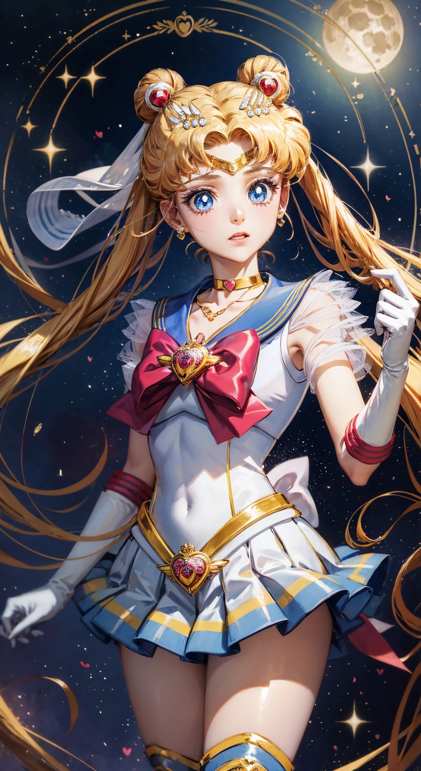 Masterpiece, best quality, (1 girl), super sailor moon, cowboy lens, night sky, moonlight, night, white gloves, blue eyes, galaxy background, multicolored clothes, school uniform, blue skirt, hair ornament, red bow, brooch, heart brooch, earrings, crescent, heart necklace, heart, very long hair, crescent moon earrings, tiara, yellow necklace, boots, knee boots, red shoes, long legs