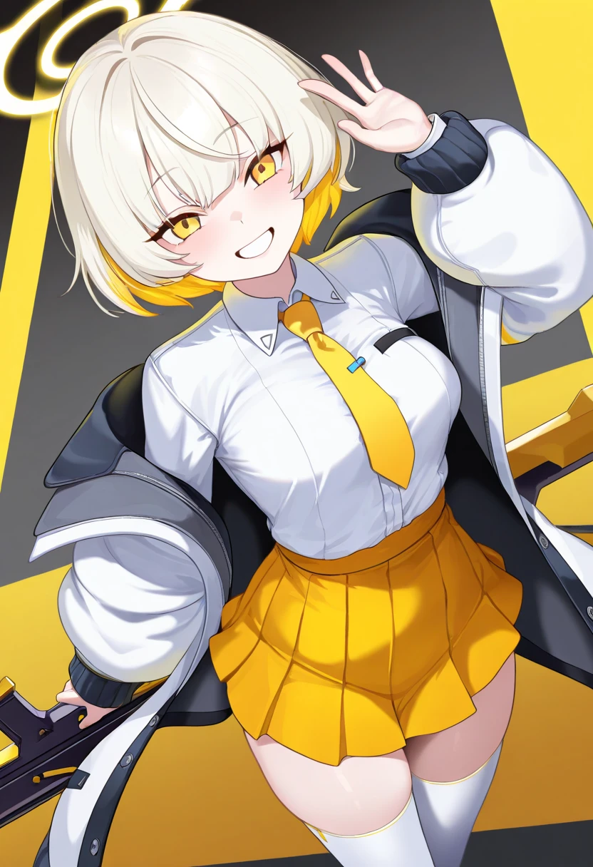 8k, 1girl, teen, (black serafuku:1.4), hold skirt, skirt lift, white pantyhose, short hair, messy bangs, tiny breasts, yellow eyes, (two-tone hair:1.4), (white hair:1.3), (yellow hair:1.3), at school, (blushing:1.4), embarrassed, from below