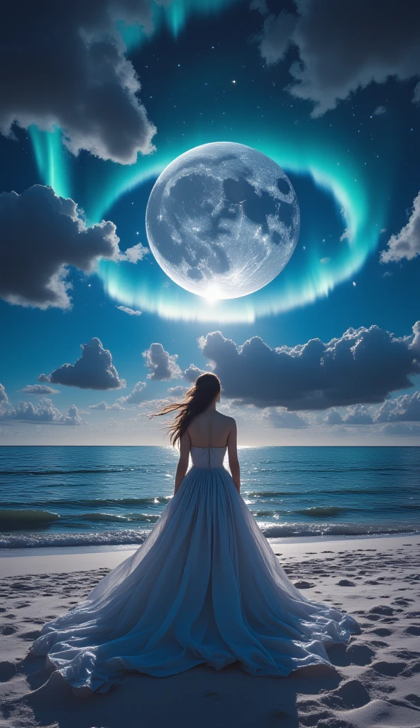 art par Phil Koch, Meghan Howland blue moon Digital ral-epochelves, The night sky comes alive with an eye that seems to hypnotize you, surrounded by a web of stars, nebulae and cosmic dust. From a bird's-eye view, you catch a glimpse of a beautiful, seductive blonde, standing gazing up at the sky dressed in a translucent skirt, adorned with iridescent blues. Beneath this cosmic display, depict a tranquil beach with the surface of the ocean is sparkling, lush and symmetrically reflects the sparkling nebulae and luminous astral bodies dot.