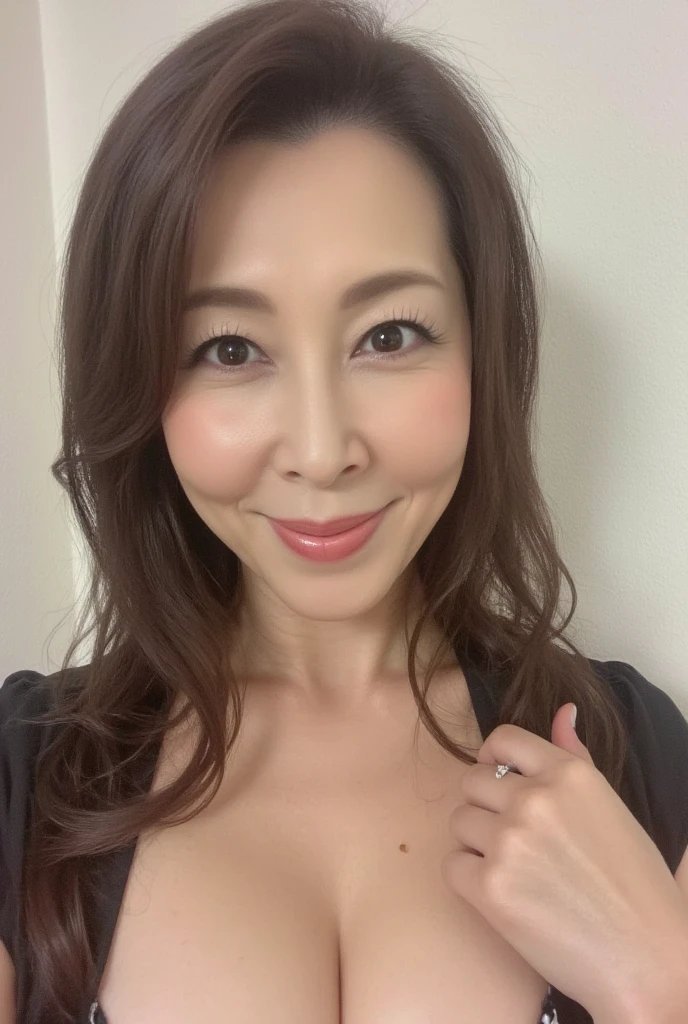 RAW Photos、masterpiece、Highest quality、Realistic、超High resolution、High resolution、16k wallpaper、Very detailed、Finer details、Cinema Lighting、In front of a white wall outdoors、In front of a white wall、Selfie of a 50-year-old woman、Plus Size、Plus Sizeモデル、Realistic Skin、Natural skin texture、((Dark Eyes))、A shy smile、(Medium Long Hair)、(Grey Dress:1.3)、(Grey Dress)、Yoshitomo Nara, shikamimi, Chiho, mayuri shiina, Real Mature Gravure Idol, beast, , Kotegawa Yui, 8k、narumi kakinouchi