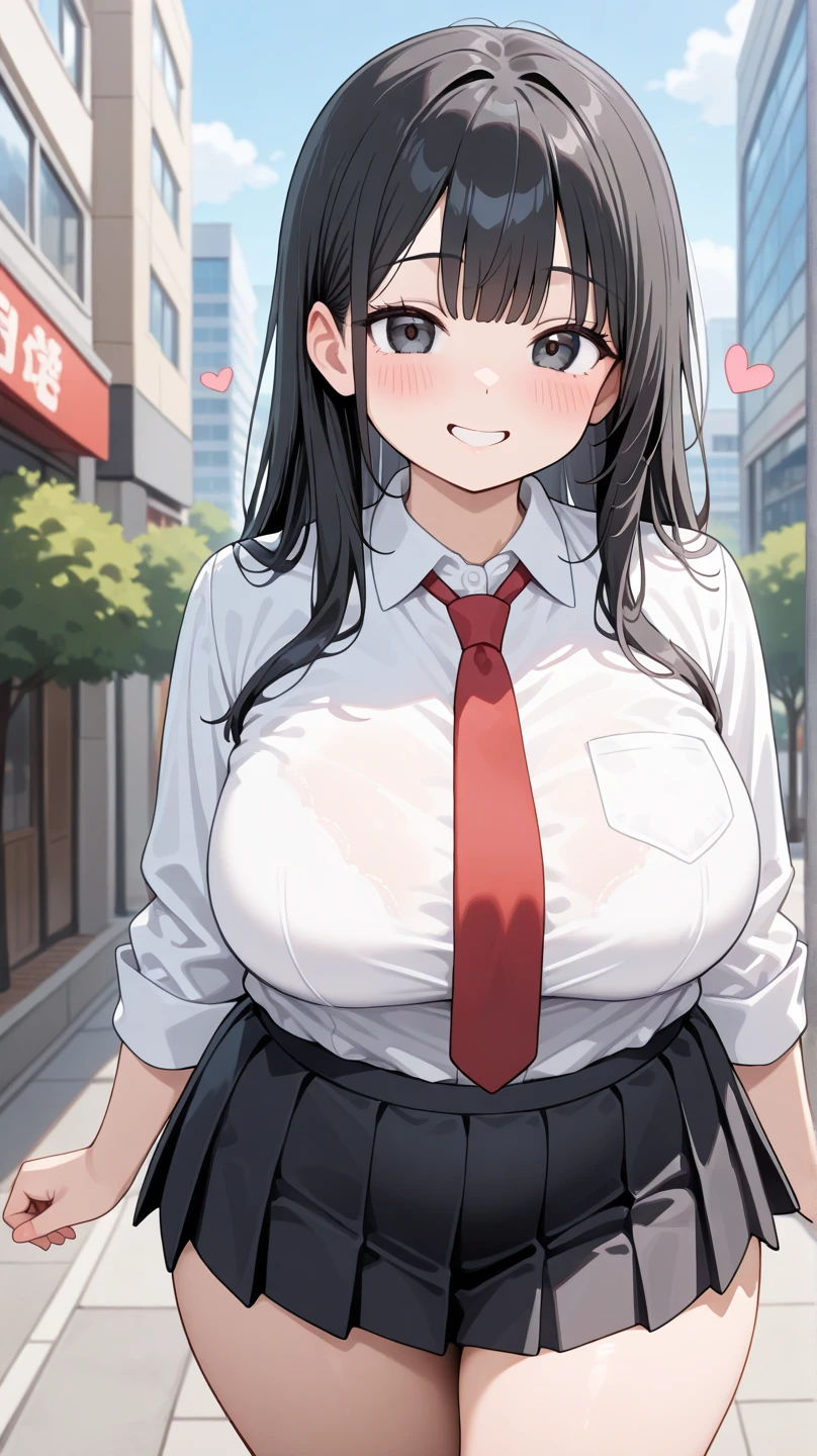 high school girl　uniform　White blouse　Red checked mini skirt　Black Hair　Shortcuts　hair band　Big Breasts