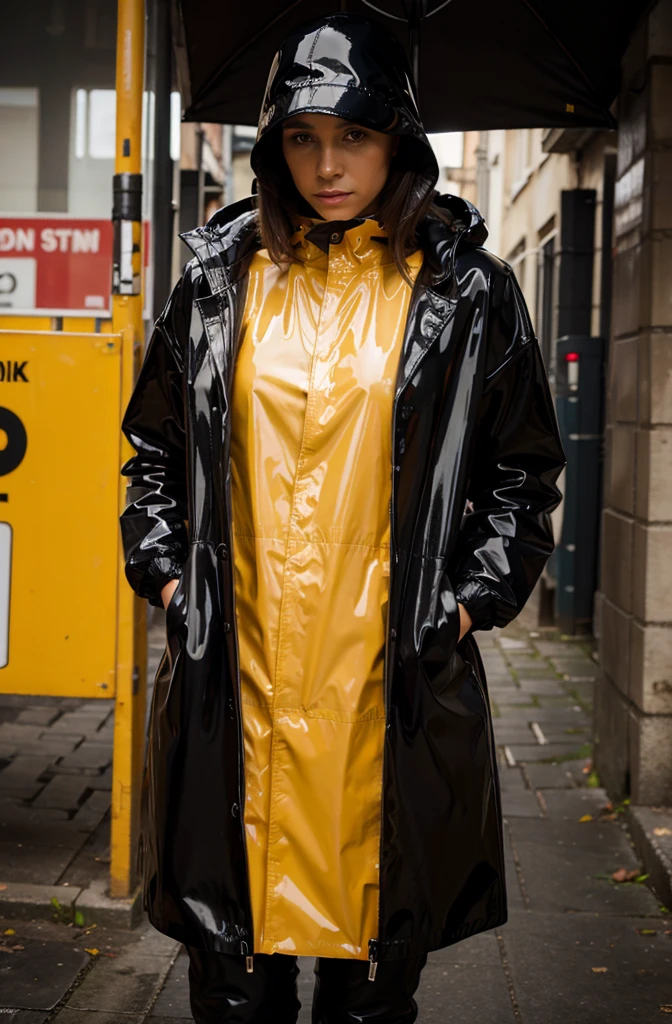 Girl, short black hair, raincoat, standing at a bus stop, rain, puddles, reflections of buildings in puddles, lone lantern, dramatic lighting, dark sky, yellow pleasant lantern light, high detail,