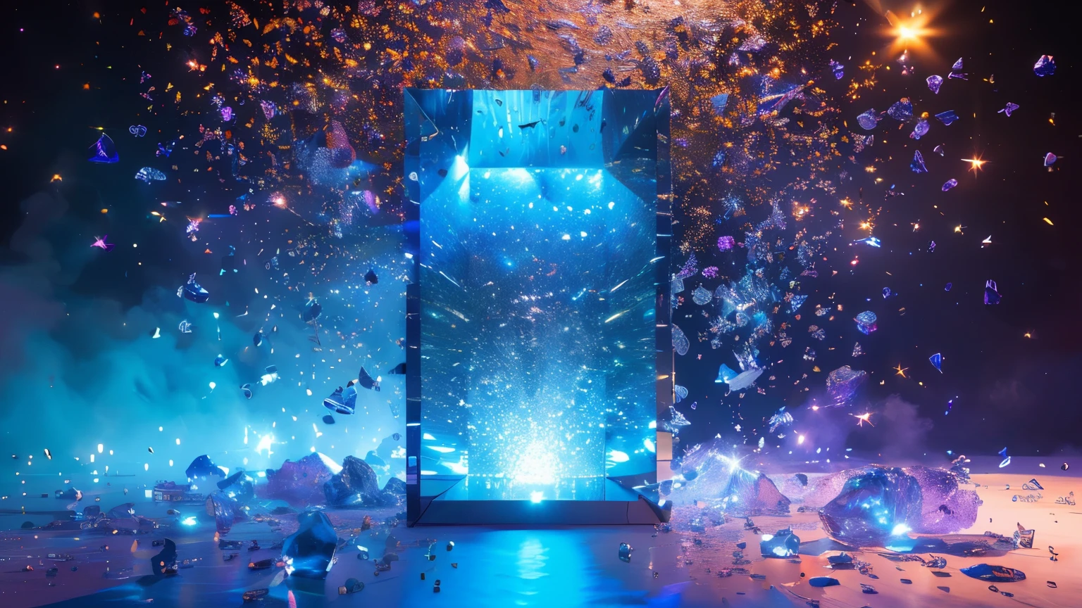 masterpiece, High Quality, clean background booth, sapphire, Very flashy, clear, shining with colorful lights , stardust, Central Composition, Split Lighting, creative background design, front view, Surreal Scene , Natural rendering, fantasy taken with a Nikon Z7 II mirrorless camera
