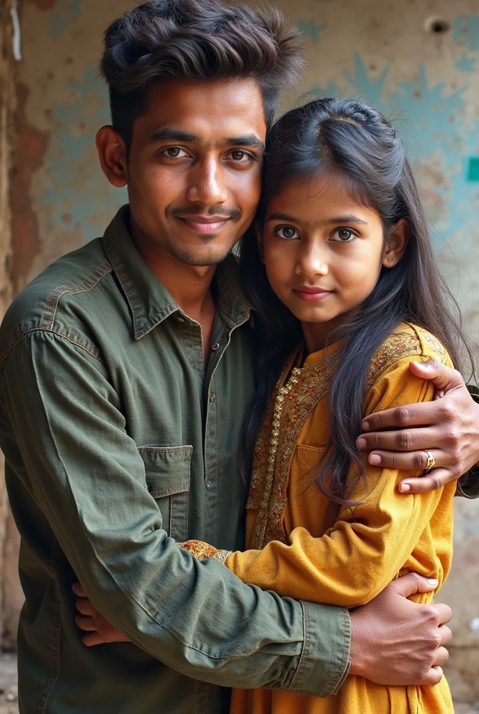 A handsome Indian boy with thick black hair is sitting on a red chair in the park and he is wearing a gray shirt and white t-shirt and on his lap is sitting an Arabian girl who is wearing a designed Indian suit and both of them are looking straight at the camera. Beautiful scenery all around realistic picture quality