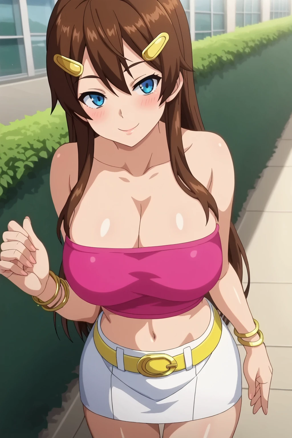 attractive korean woman, ripped muscle, muscular body, small breast, pale skin, smile(blush), nude, headband, sixpack abs, [ultra detailed skin:1.2], brown hair, wavy hair, 8k uhd, full body, stand, crowd, public, night, desert,