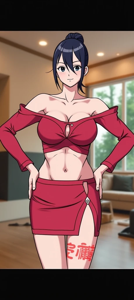 A tall woman is sexy, attractive, beautiful, striking, big breast, short red hair, her brown eye, and she dresses in a turquoise blouse, metallic button, tied knot, long sleeves, hand showing, navel, and dark black pants.