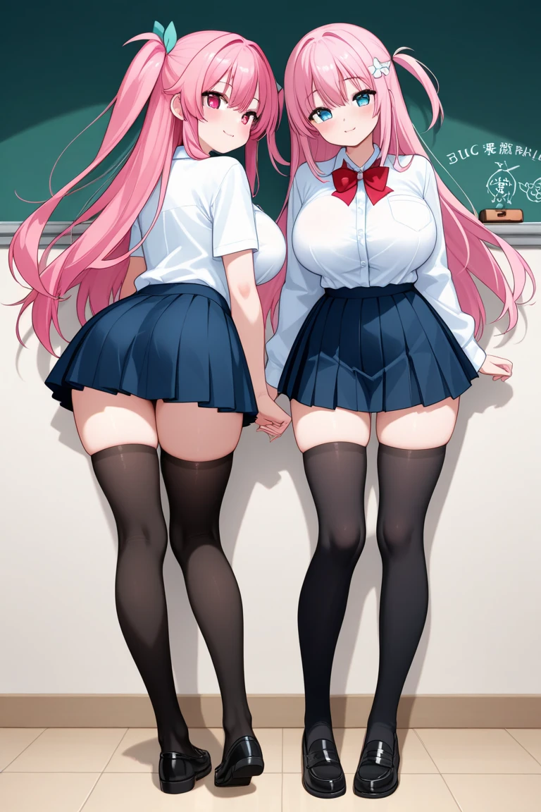 ((2 girls))、()、Small breasts、(Cowboy Shot)、(fun!!)、(cardigan)、(Confused eyes:1.5)、(blush:1.4)、Blonde、()、(Eye highlights:1.3)、Blake Black Shoes,(黒いskirt)、bow, button, shirt with collar, Long sleeve, ((red bow tie, , Black jacket, Open jacket, 茶色のcardigan, white shirt, 黒のskirt, チェック柄のskirt、white socks)),, shirt,, skirt, socks, Thighs, white shirt, Rest indoors, ((classroom:1.5))、 BREAK while watching the audience、(skirtを掴む:1.0)、 (Perfect hands, Perfect Anatomy),Cowboy Shot、(skirt lift:1.3),(Highly detailed panties:1.3)、(Highly detailed pink striped panties:1.3)、、(skirt that rolls up:1.3)、(Full-fledged panties:1.5)、Light blue eyes、Glowing Eyes、long hair