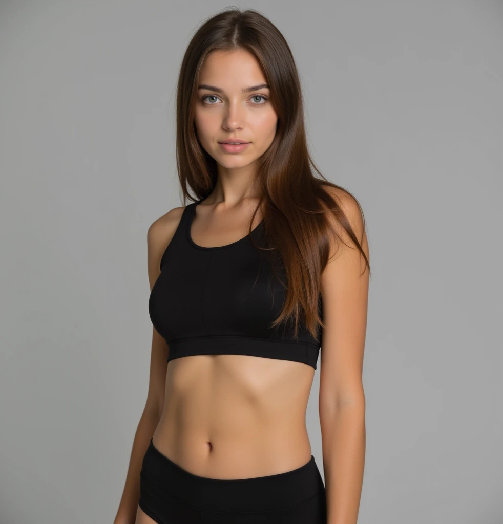 ((best quality)), ((masterpiece)), (detailed), perfect face realistic photo of beautiful woman with long dark brown hair, Russian, influencer, light freckles, dark brown eyes, big lips, no makeup, insagram, standing next to black wall, wearing sexy running clothes