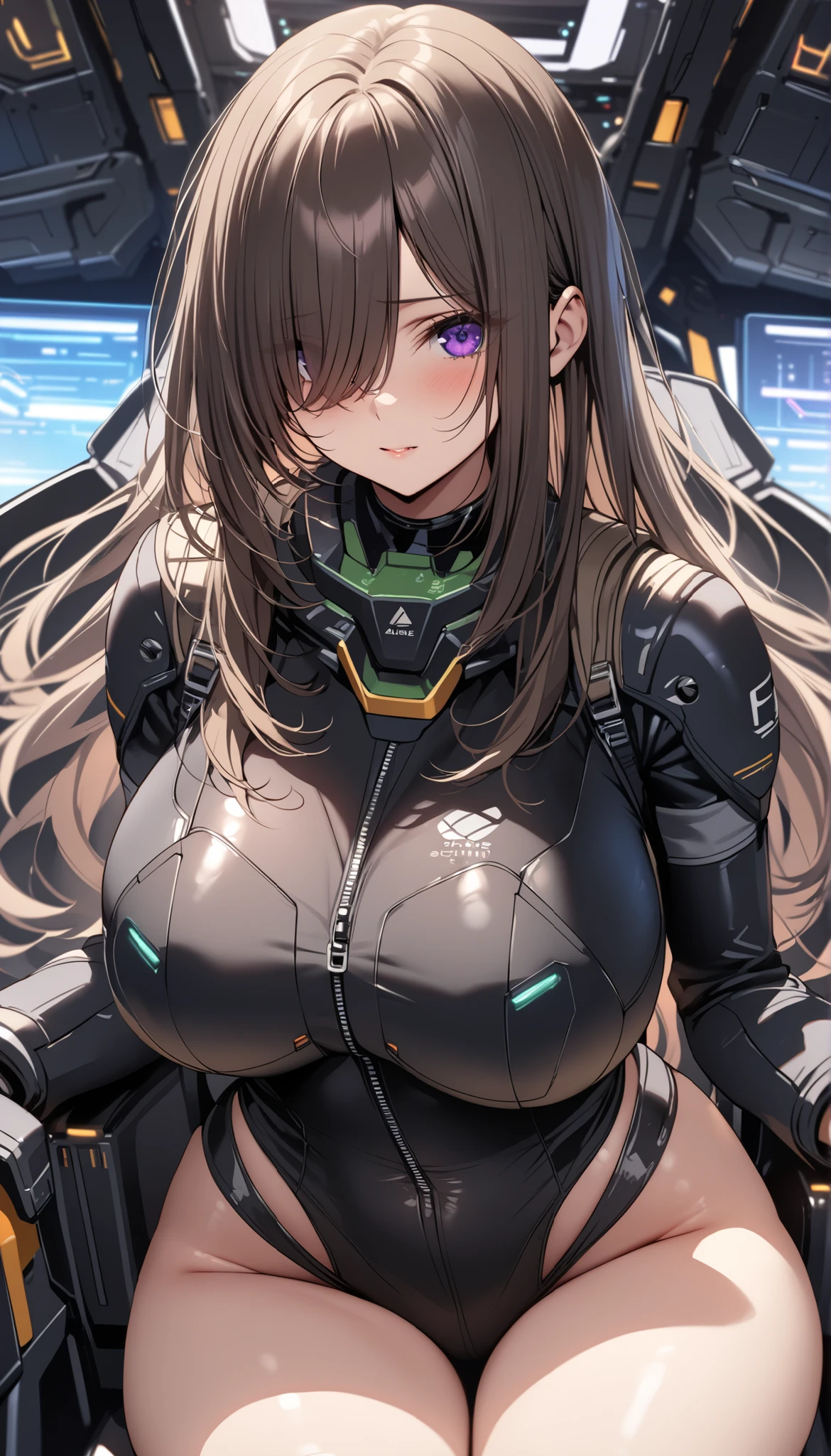 beautiful woman, wavy orange hair, green eyes, black futuristic battle suit, green details, cleavage, large bust, inside spaceship, shy expression, blushing, high quality