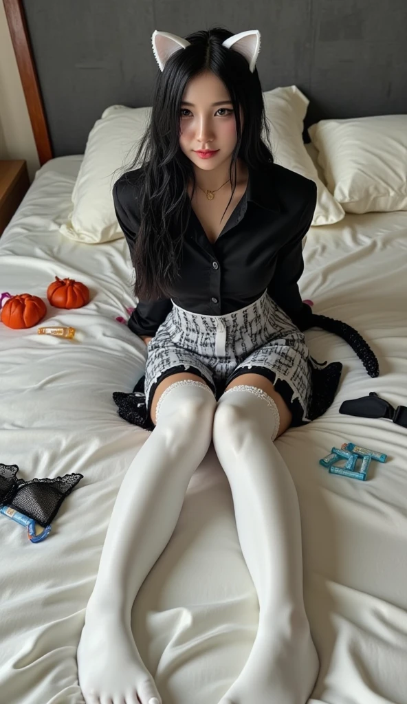 There is a lady sitting in a chair in the kitchen, Full body fairy, Sexy dominant pose, Knee-high socks and skirt, Full length and white, cruel korean goth girl, A pretty face with arms and legs, Korean Girl, Sexy style, Popular content on cgstation, Long thin legs, Sexy Girls, Sexy pose, Sexy look, leather stockings