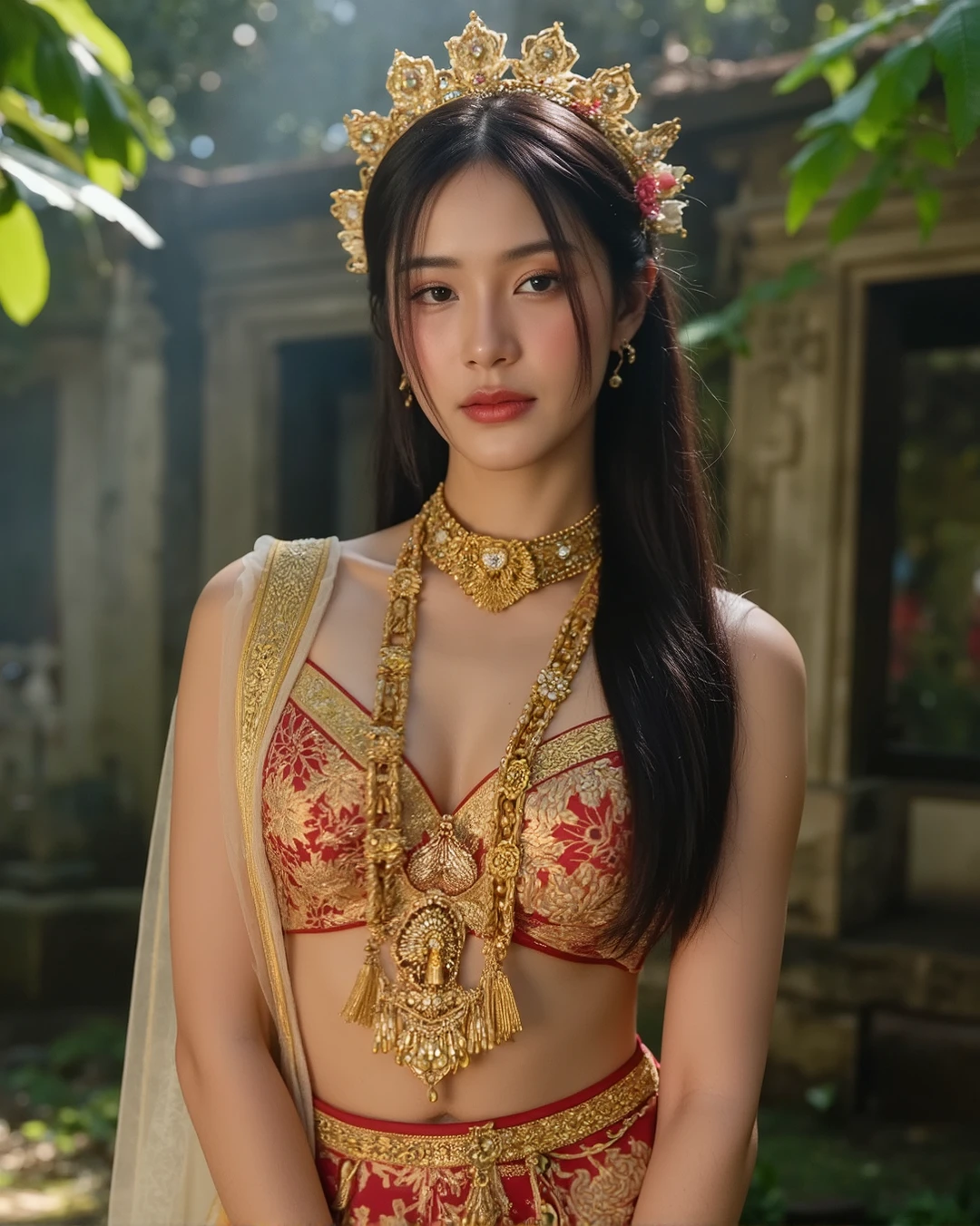 High-resolution fantasy portrait of a stunning tan-skinned Southeast Asian woman dressed in a traditional ceremonial costume inspired by Sumatran royal attire. She has a graceful and confident posture, expressive almond-shaped eyes, high cheekbones, and full lips. Her long black hair is styled up elegantly with golden hairpins and floral ornaments.

She wears a richly embroidered golden and crimson silk kebaya top with intricate brocade details and a sheer outer layer that flows with the wind. Her skirt is a wrapped songket sarong with metallic threading and sacred patterns. Around her shoulders and waist are layered golden sashes, ornamental belts, and jewel-encrusted sashes.

She is adorned with elaborate traditional jewelry — heavy golden necklaces, ornate armlets, bangles, large earrings, and a majestic gilded crown or headpiece shaped like lotus petals, symbolic of Sumatran nobility. Her body posture is elegant, one hand gracefully resting near her collarbone, the other by her side.

She stands in a mystical tropical jungle temple ruin with ancient stone carvings and sunlight filtering through dense leaves. A soft mist surrounds the scene. The color palette is warm — rich golds, deep reds, and earthy greens. The lighting highlights the shimmer of her costume and the glow of her skin.

Fantasy-cultural artwork, ultra-detailed, sharp focus on facial features and textile details, traditional-meets-fantasy design, soft cinematic glow, enchanted Southeast Asian setting, (NSFW)