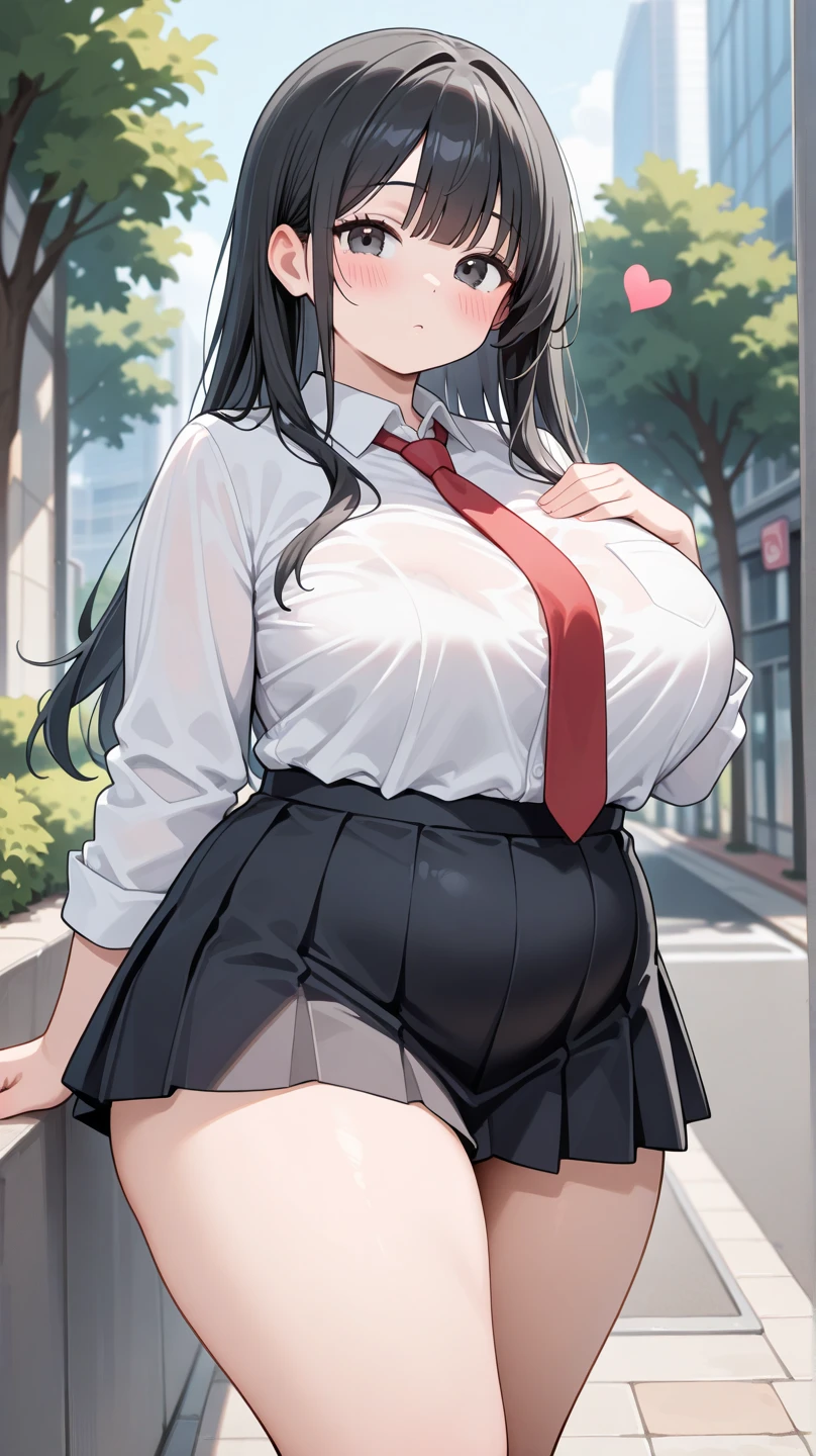 sexy girl, huge breasts, large breasts, curvy, black hair (straight bangs), brown eyes, long hair, female high , high school plaid skirt, earrings, grinning, standing, rooftop, high school, outdoor, solo focus, bright day, crowd of people, (multiple students)