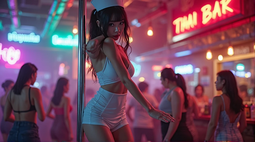 Sexy woman at a festival, fog and smoke, neon colors, dancing, fun
