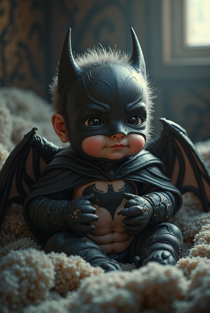 Close a powerful threat, The imposing appearance of the mighty Batman in the form of a  dressed in beige uniform, azul-marinho e bronze em uma manjedoura, menacing stare, ricamente detalhado, Hiper realista, 3D-rendering, obra-prima, NVIDIA, RTX, ray-traced, Bokeh, Night sky with a huge and beautiful full moon, estrelas brilhando, 8k,