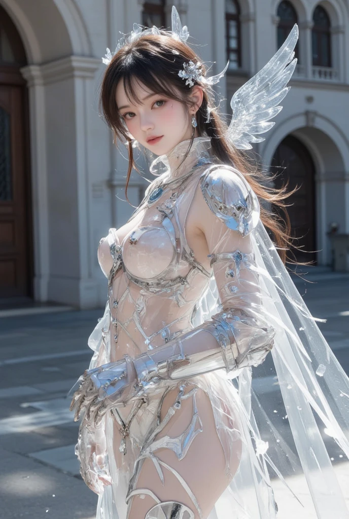 (high resolucion, 4k, Masterpiece:1.2),((Ultra-detailed:1.2)),(realisitic,Realistis:1.37),Girl robot married in Japan,mechanical limb,Mechanical trunk,Made of shiny white and silver translucent glass and plastic, Delicate lace dresses, Joyful expressions, , vibrant colours, Sakura Background, Bright sunlight, highly intricate details, Female elves, Beautiful waist, navels, big size ass, Exposed metal skeleton, 1 Cyborg Girl, Detailed hydraulic cylinders from Sumer, Raw skin exposed to the valley、large full breasts, (random pose、dynamicposes,:1.2)