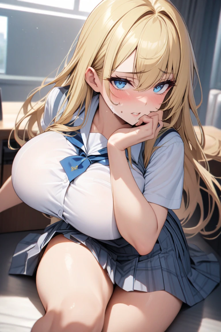 One girl, highest quality, Super detailed, masterpiece, Ultra-high resolution, 8k, Ridiculous, Cowboy Shooting, Focus on the girl, Embarrassing, blush, Lovely, Close one eye, With tears in her eyes and her mouth open, What saliva leaves behind, (arms behind head), (wariza),Classroom Background, (alice, alice in wonderland), (medium breasts), (sagging breasts),(huge nipples), Absolute area, Black knee socks, front shot, from above