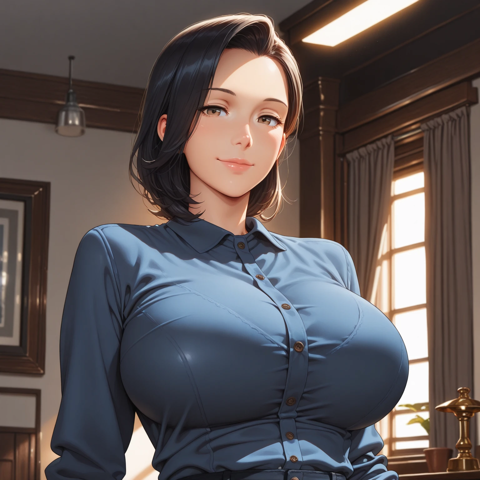 photorealistic, high resolution, 1women, mature female, solo, hips up, black hair, short hair, longsleeve blue shirt, belt, pants, police, cleavage, (downblouse), necklace,sharp jawline,makeup,big long diva jhumka earrings,