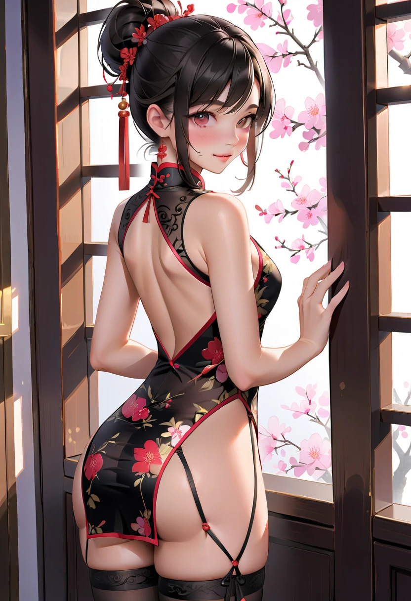 high resolution, Adult women , Good lighting, contemptible, , (no nudity), (((cheongsam))), (()), ((())), (Garter belt), Abdomen only, (), , Cute face, I'I很尴尬,Blushed, humiliation, ((Look back)), ((transparent))()(T-back)(A lot on the body,)