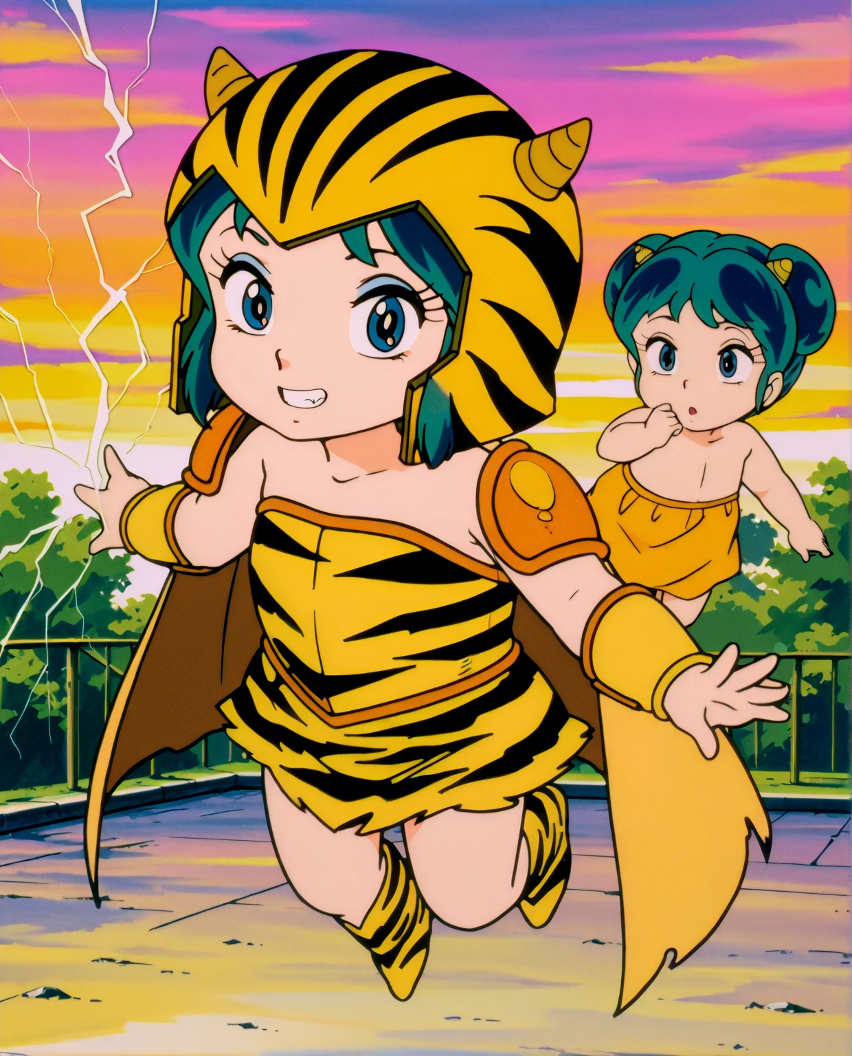 "(masterpiece:1.1), best quality,
1girl, solo, (80s anime style:1.3), (eyelashes:1.5), (loli:1.2),
(intricate high detailed body:1.2),
(black hair:1.1), (bangs:1.1), (ponytail:1.1), (animal ears:1.1),
brown eyes,
(gigantic breasts:1.1),
(happy, smile:1.2),
(bikini armor:1.2),
(knight armor, armored boots:1.2), (streaked hair:1.2), gloves,
standing, crossed arms,
(dynamic pose:1.4), (full body, looking at viewer, from front:1.1),
(daytime, grassland, outdoors:1.1)"