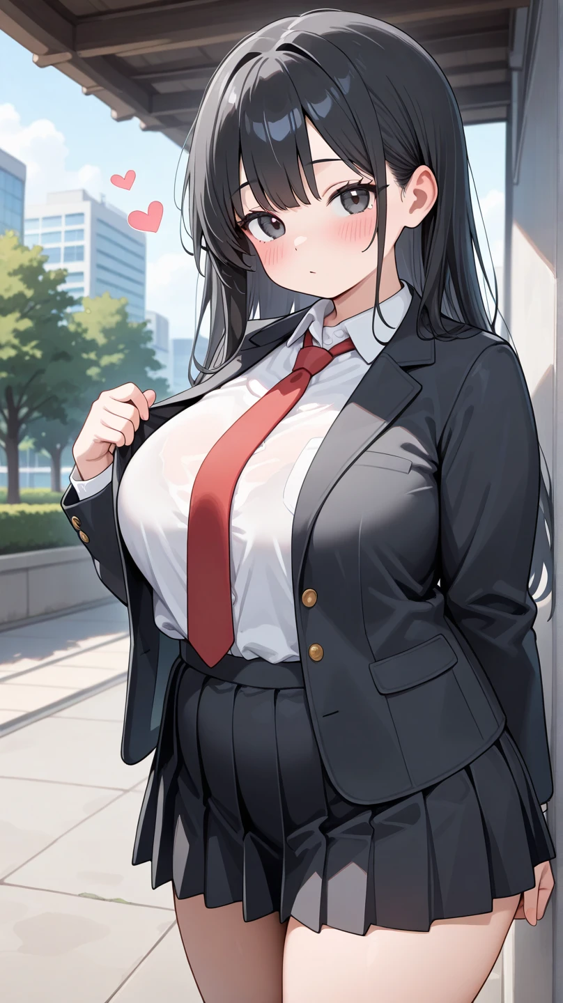 (masterpiece, 最high quality, 超High resolution, Very detailed), (Realistic:1.1, photoRealistic:1.4), Perfect illustration, Perfect lighting,Perfectly detailed hair, Perfect and exquisite face, Perfect collarbone, Perfect body,Juicy breasts, Perfect Thighs, Beautiful legs, View your audience, 1 person,Perfect Face, (Perfect Anatomy, Anatomically correct), Symmetrical face、((Shiny Hair)),Sexy Body、(masterpiece),(最high quality：1.3),8k,Very clear,(Ultra-realistic),Captivating woman,(high quality, High resolution, The finer details), Realisticなスタイルの女性,Juicy breasts、Perfect Woman、Perfect Face、Symmetrical face、Baby Face、((Big breasts))、blush、((Juicy lips))、Cowboy Shot、(((Long black hair)))、((Large, double-set black eyes、Long eyelashes))、(Red Makeup)、(((tie、shirt、blazer)))、((Pencil Skirt))、(Healthy and well-developed body)、((Big tits jk))、(Outdoor、On the road)