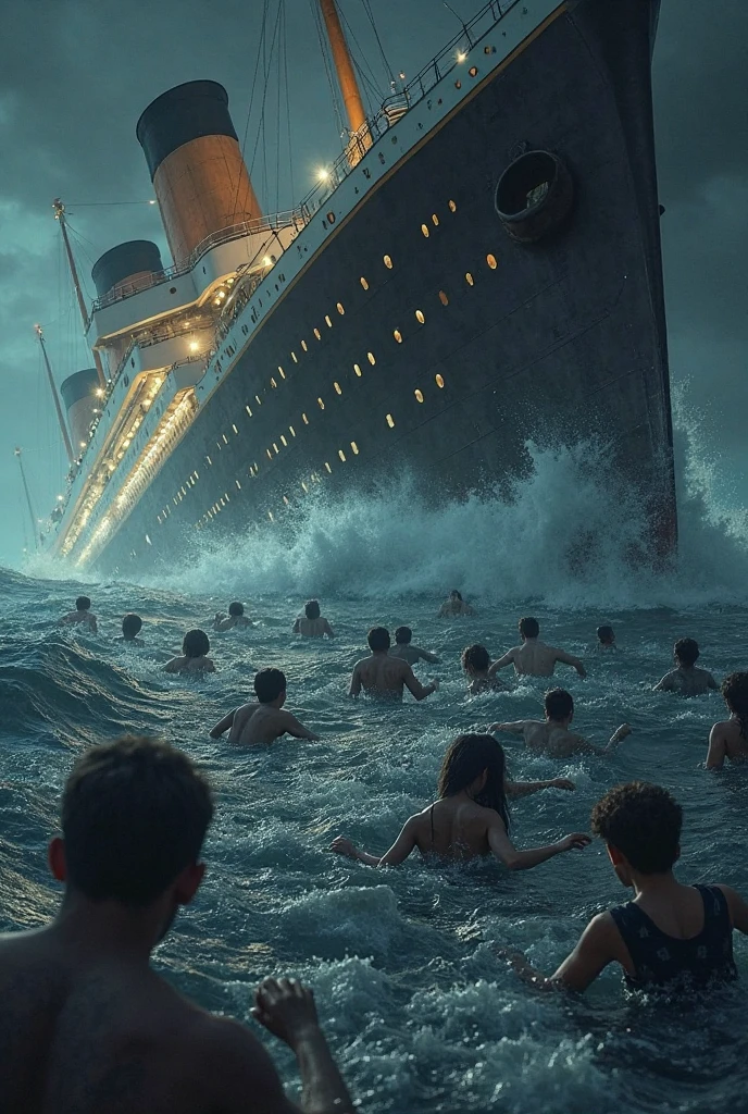 Image of people scrambling to escape on a large ship before it sank