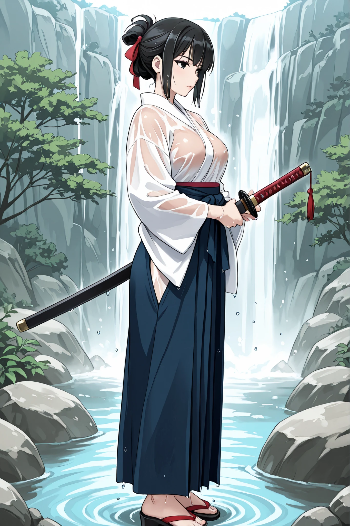 1 girl, solo,beautiful japanese girl,adult,18 years old,black eyes,black hair,masterpiece,general,highres, ultra-detailed,very aesthetic,best quality ,best hands,best eyes,perfect anatomy,anime coloring,easynegative,pale skin,BREAK,Edo period Japanese hairstyle,white byakue,in the waterfall,wet,see through,whole body,full length,holding,katana,two handed,