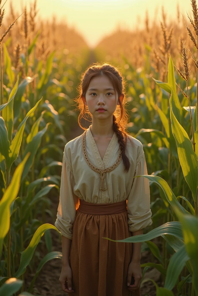 A young Chinese daughter, Wearing a quaint brown dress, Walk in the middle of a cornfield, Full body like, Holding a yellow bear toy in his hand, cinematic lighting, depth of field, ray tracing, cowboy shot, 135mm, Canon, UHD, masterpiece, award winning, best quality, 4K