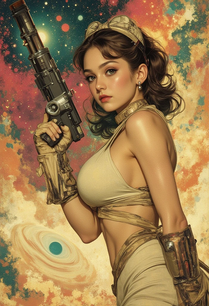 A retro-style movie poster depicting the Earth Defense Force fighting against UFOs. The scene is reminiscent of 1950s-1960s sci-fi movies, with vibrant colors, bold brushstrokes, and high-contrast shadows. In the foreground, Beautiful DaisyRidley, as Rey Skywalker, positioned heroically: a sharp-eyed leader, sexy combat bikini. The background features a colossal Death-star hovering menacingly over a futuristic city skyline. The overall composition exudes a sense of dramatic action and adventure. At the top of the poster, a bold, eye-catching tagline reads: "Star Wars: Space War!" (((space war, star war, laser gun, fighting )))