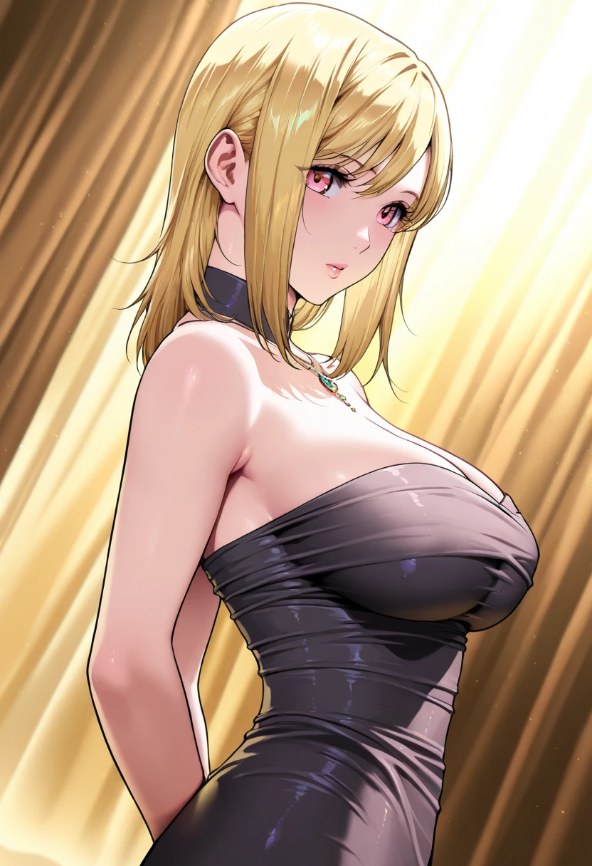Artoria pendragon,Glossy lips,eyeshadow,Detailed face,Cleavage,Curvy figure,Big breast,(Long Wavy hair),Heels,Swaying hips,Bareneck,long bail,Chocker,jewelry,wedding ring,Necklace,Hoopa earring,Hoopa bracelet,Half eyes expression,Detailed face,Curly hair,(((Open bang hair))),Blonde hair,Crossing arm,smile,Light blush,Glossy light tanned skin,Thin shoulder outfit,Short skirt,Emerald eyes