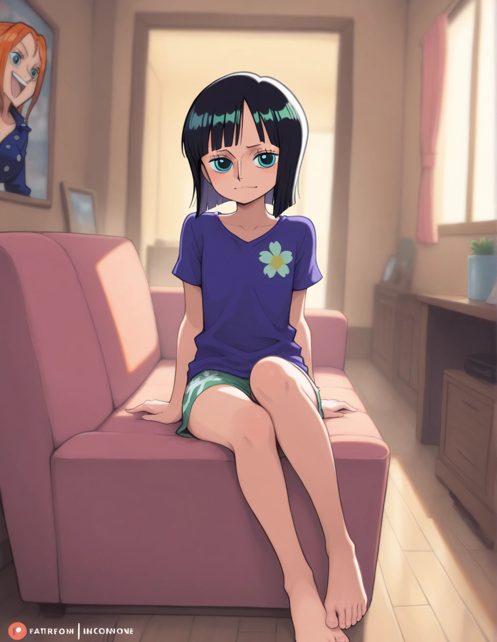 art by Toridamono, 1girl, dawn (pokemon), solo, looking at viewer, smug, a painting of a person in a beautiful loft, one knee, ribbed sweater, denim shorts