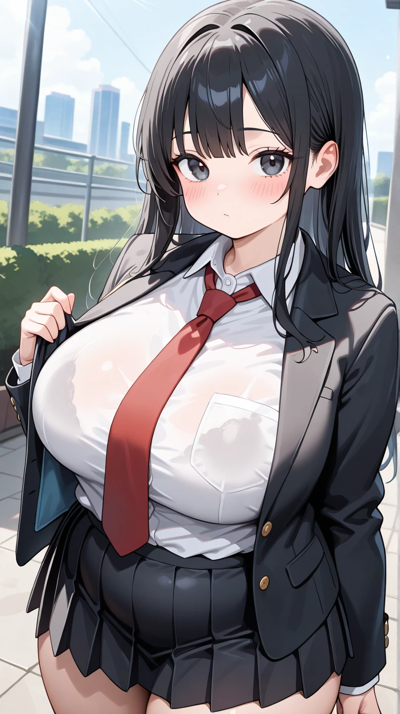 mikasa, 1girl, solo, ((white shirt)), black thighhighs, breasts, cleavage, uniform, office background, black skirt, pleated skirt, office, hair between eyes, hair ornament, large breasts, long hair, looking at viewer, silver hair, silver short nails, red eyes, solo, thighhighs, thighs, very long hair, ((masterpiece)), sitting, chair, desk, computer on desk, name tag, id tag, indoor, blush, sexy pose, hands behind, underbutt